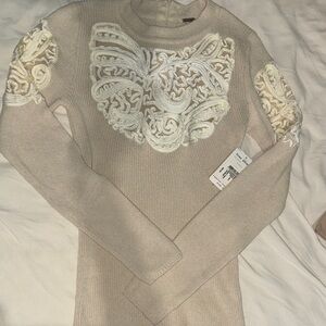 Beige Free People Sweater with Embroidered Accents